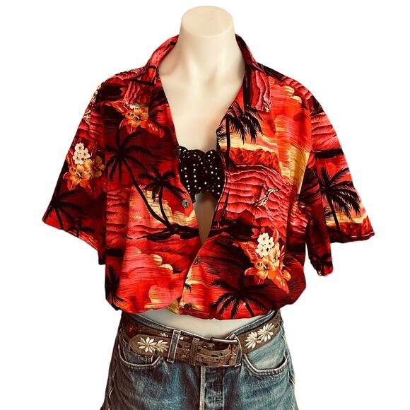 Hawaiian Shirt Tropical Button Down Crop Top One Size Boxy Coconutgirl Unique - Picture 1 of 6